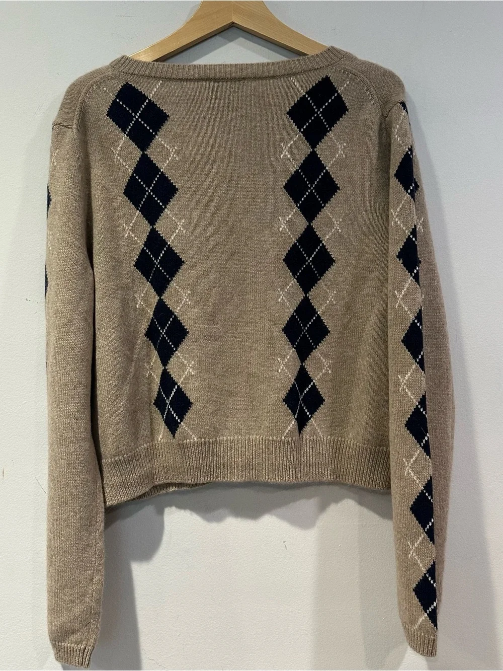 Reformation Women’s Clara Cashmere Cardigan with beige and Navy Diamonds - Picture 8 of 10